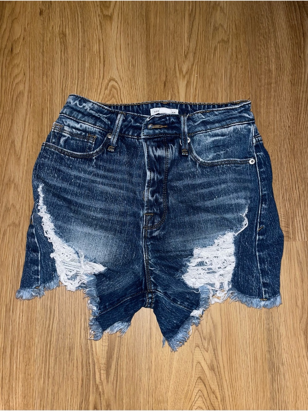 Good American Distressed Dark Blue Denim Shorts